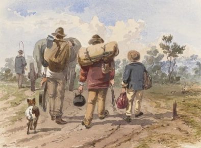5 diggers on their way to bendigo - intended to symbolise the members of the Australian Natives' Association, and more generally the people of Australia.
