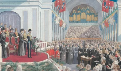 An image of the inauguration of the federal parliament within in the Royal Exhibition Building, Melbourne. The First Parliament of the Commonwealth of Australia was opened at the Melbourne Exhibition Building on the 9th of May 1901 by the Duke of Cornwall and York (later King George V). The ceremony was held at the Exhibition Building as it was the only venue that was large enough to accommodate the 14,000 guests.